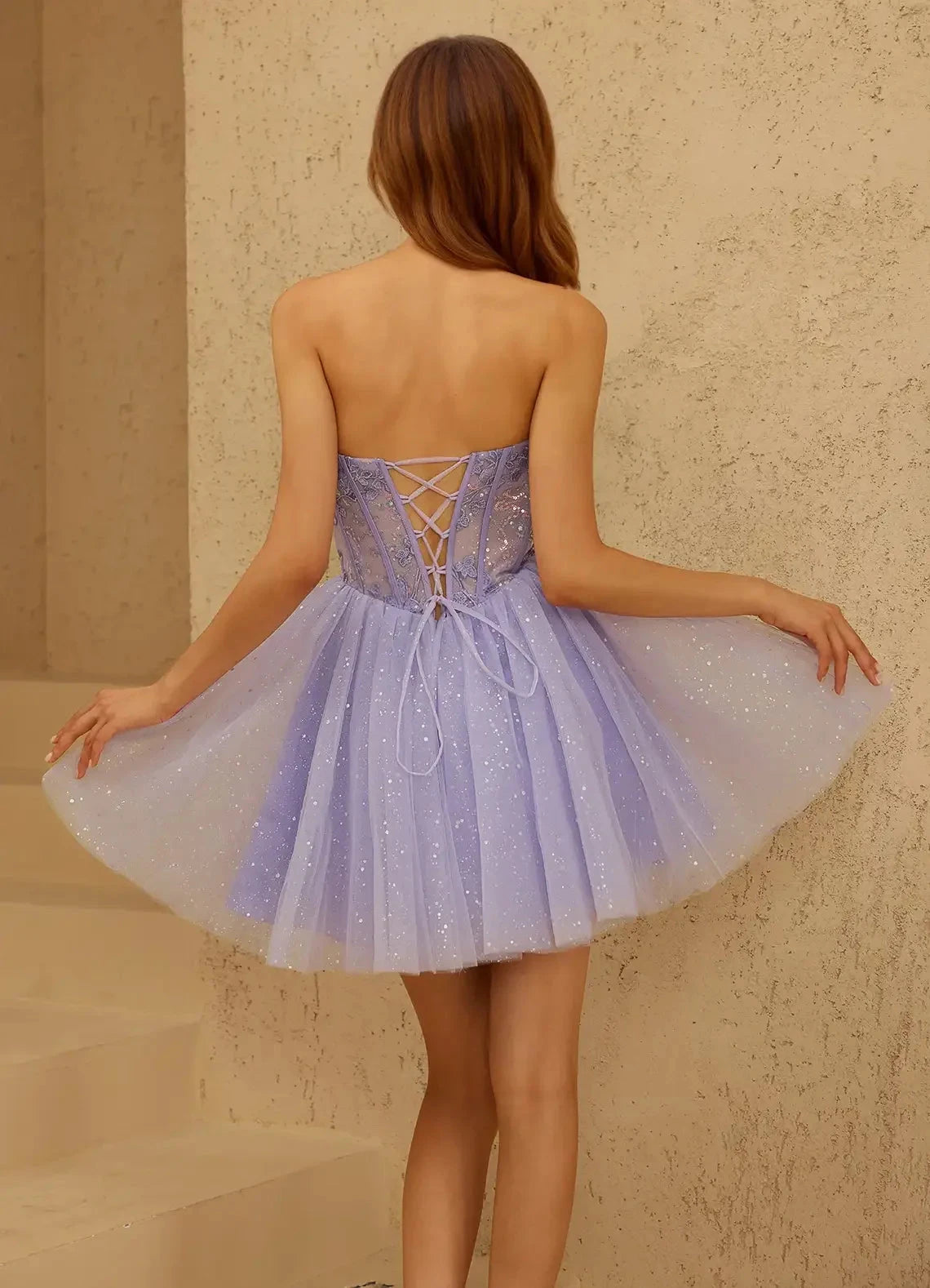 Lavender Strapless Tulle Mini Dress with Lace - Up Back Florisse Purple Mini Dress Homecoming Dresses by YiHuiw
