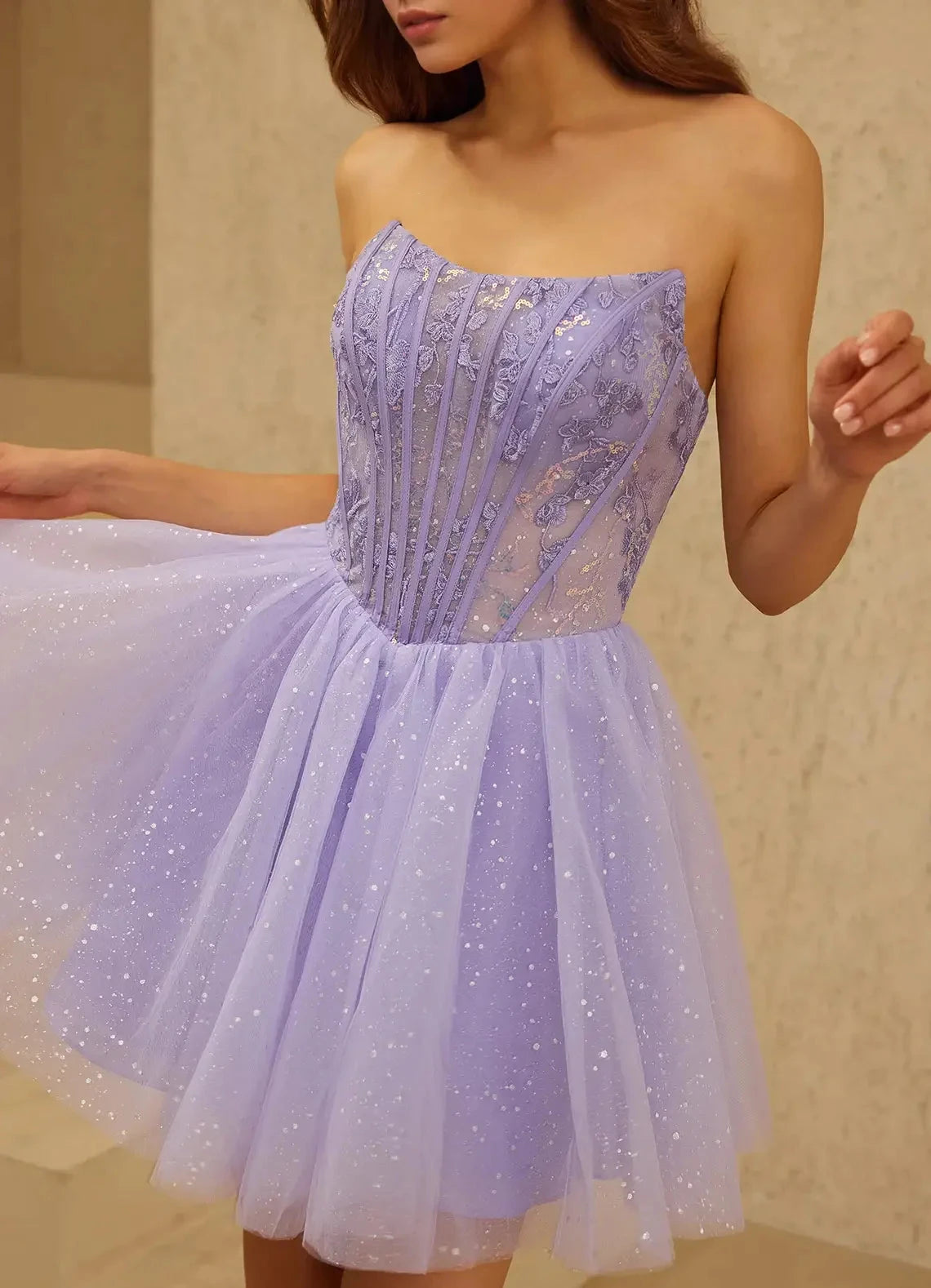 Lavender Strapless Tulle Mini Dress with Lace - Up Back Florisse Purple Mini Dress Homecoming Dresses by YiHuiw