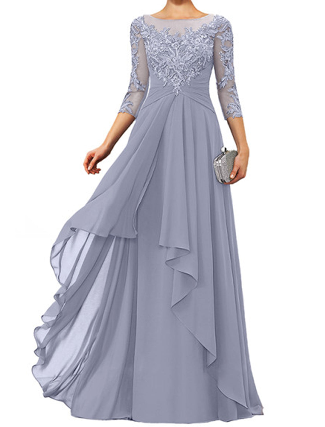 Sheath / Column Mother of the Bride Dress Elegant Jewel Neck Floor Length Chiffon Lace 3/4 Length Sleeve with Appliques by YiHuiw