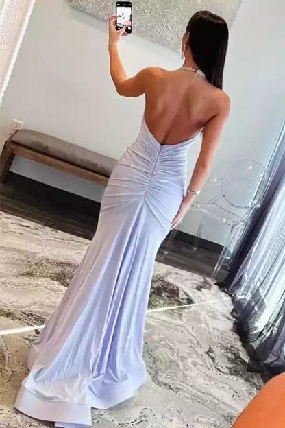 Robe Sirène en Satin Lavande avec Col Halter et Dos Nu