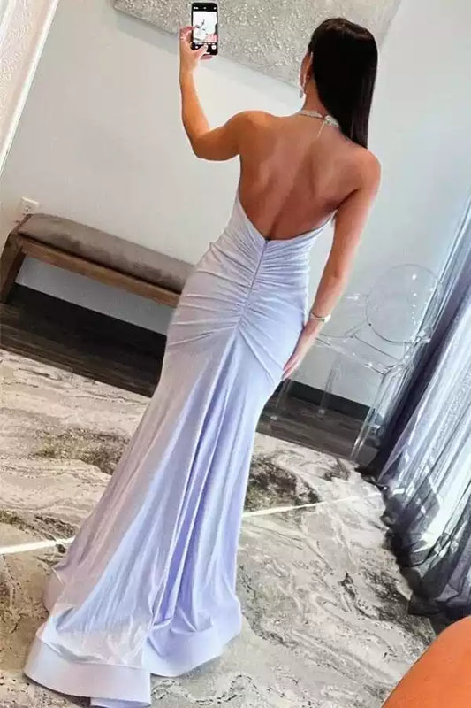 Lavender Satin Mermaid Dress with Halter Neck & Open Back