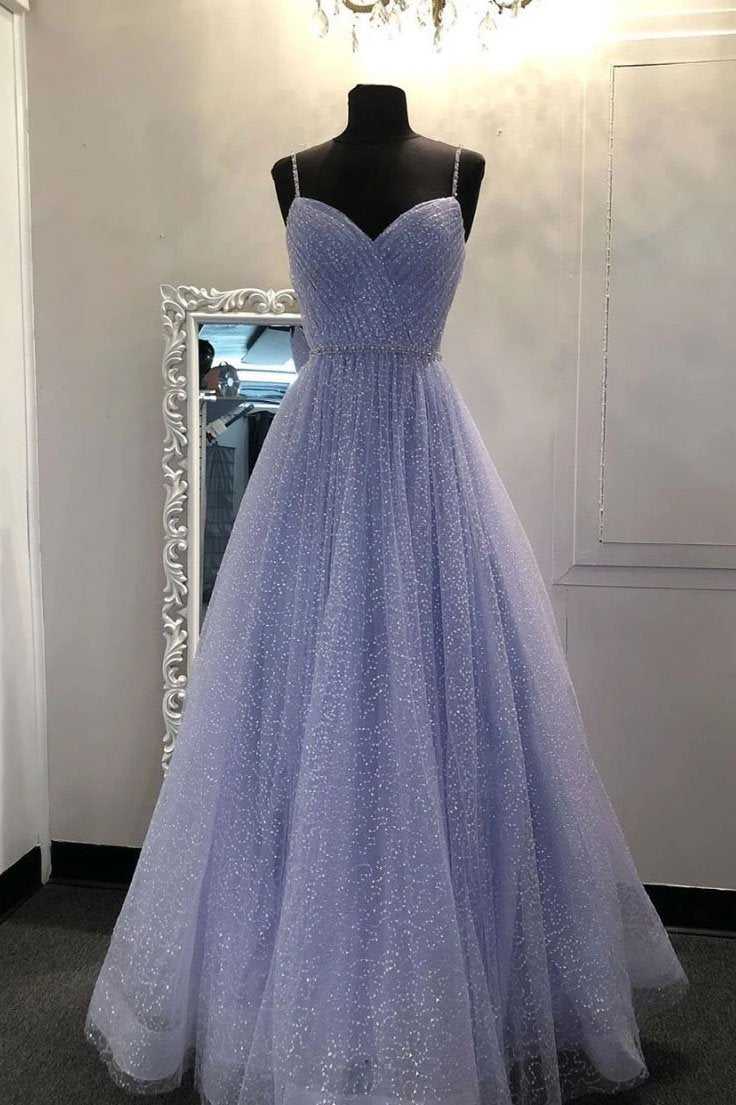 Lavender Straps Sleeveless Sparkly Floor Length Prom Dress, A Line Cheap Evening Dress simple gentle atmospheric and unique desi Bring summer colors to enhance whiteness by YiHuiw
