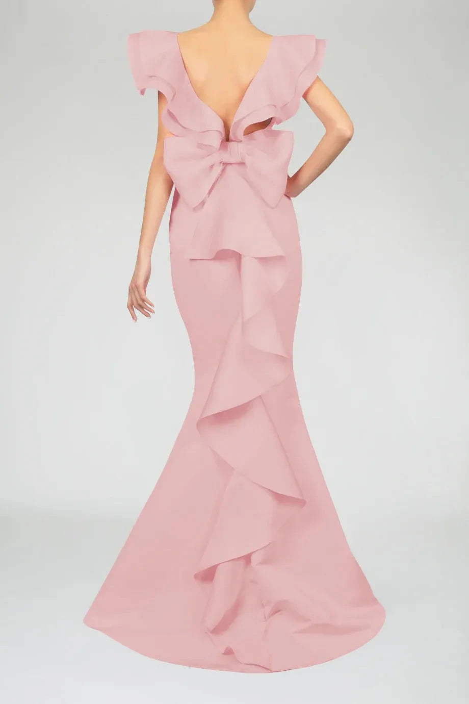 Layered Mermaid Square Neck Ruffled Sleeve Bow Back Floor Length For Ladies Evening Dress by YiHuiw