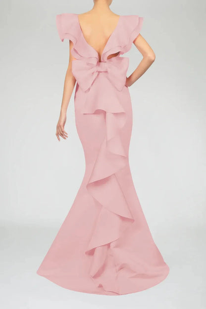 Layered Mermaid Square Neck Ruffled Sleeve Bow Back Floor Length For Ladies Evening Dress by YiHuiw