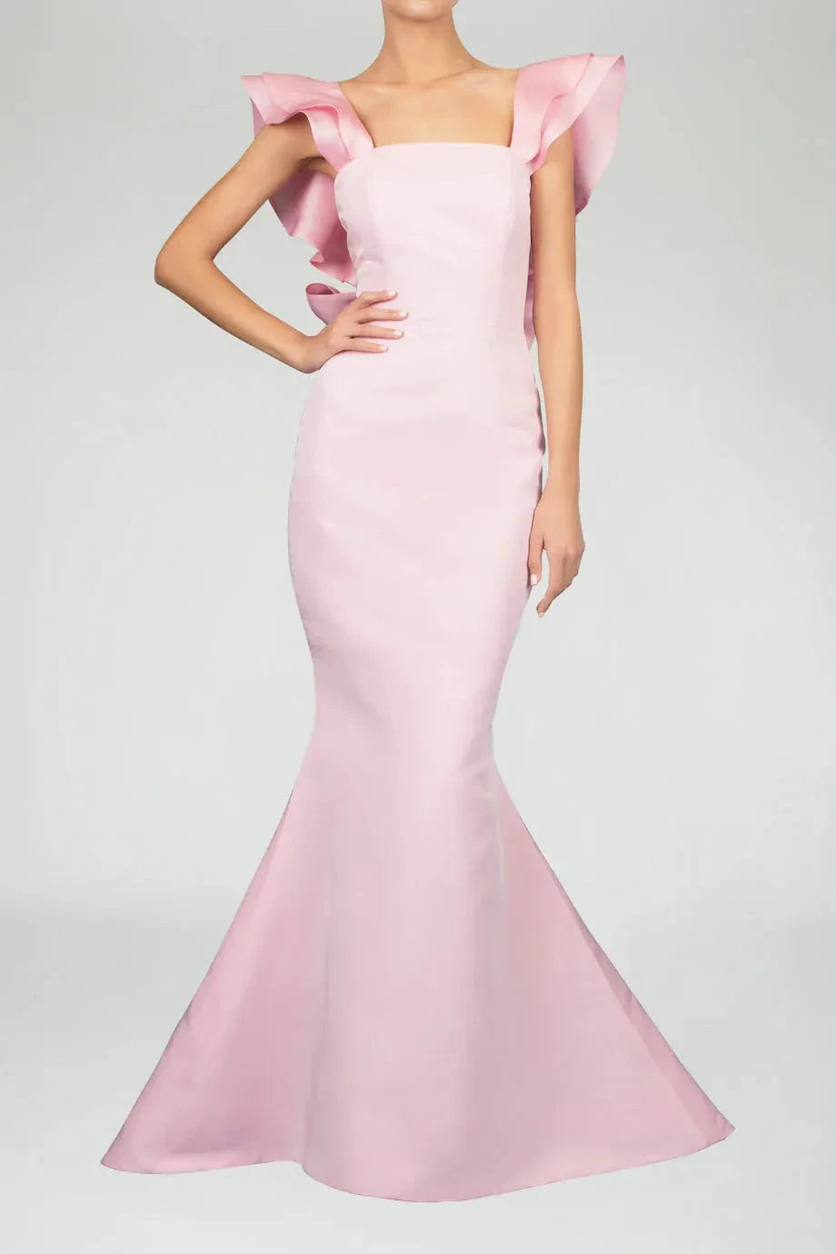 Layered Mermaid Square Neck Ruffled Sleeve Bow Back Floor Length For Ladies Evening Dress by YiHuiw