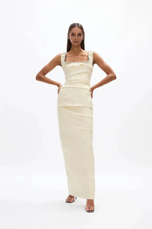 Layered Sheath Square Neck Sleeveless V Back High Slit Floor Length Hot sale Prom Dress by YiHuiw