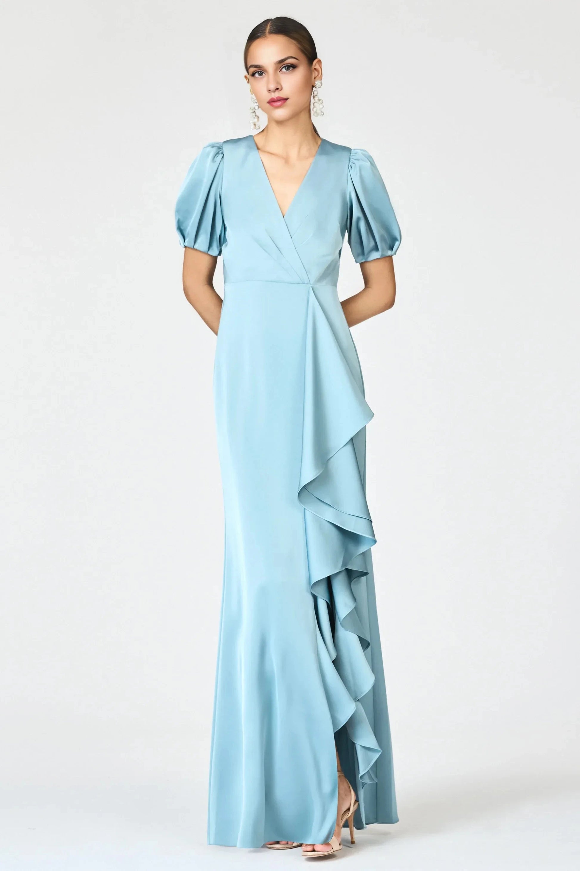 Layered Sheath V Neck Puff Sleeve Zipper Back Floor Length Female Evening Dress by YiHuiw