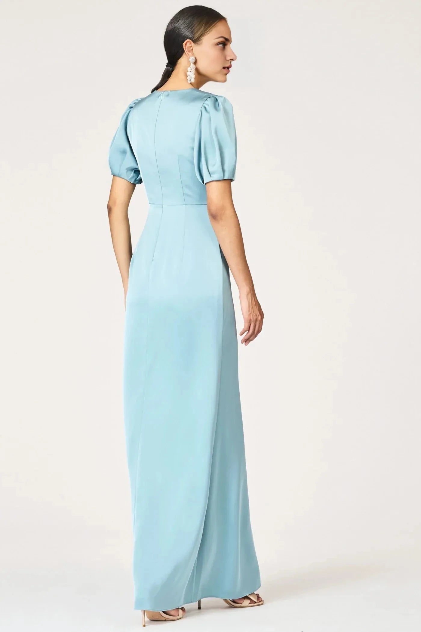 Layered Sheath V Neck Puff Sleeve Zipper Back Floor Length Female Evening Dress by YiHuiw