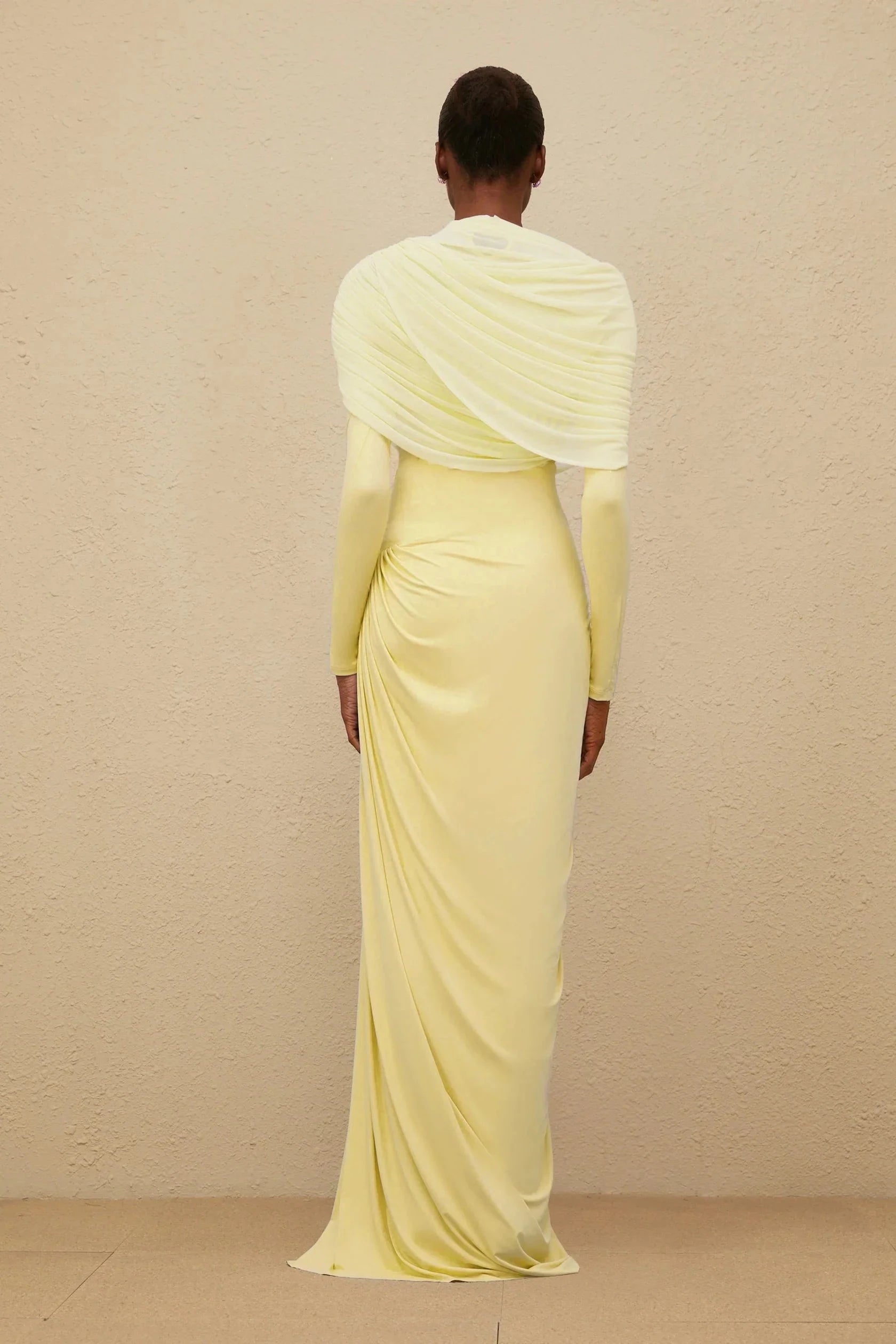 Lemon Yellow Draped Long Sleeve Maxi Dress Catherine Yellow Asymmetrical Pleated Long-Sleeve Maxi Dress Evening Dress by YiHuiw