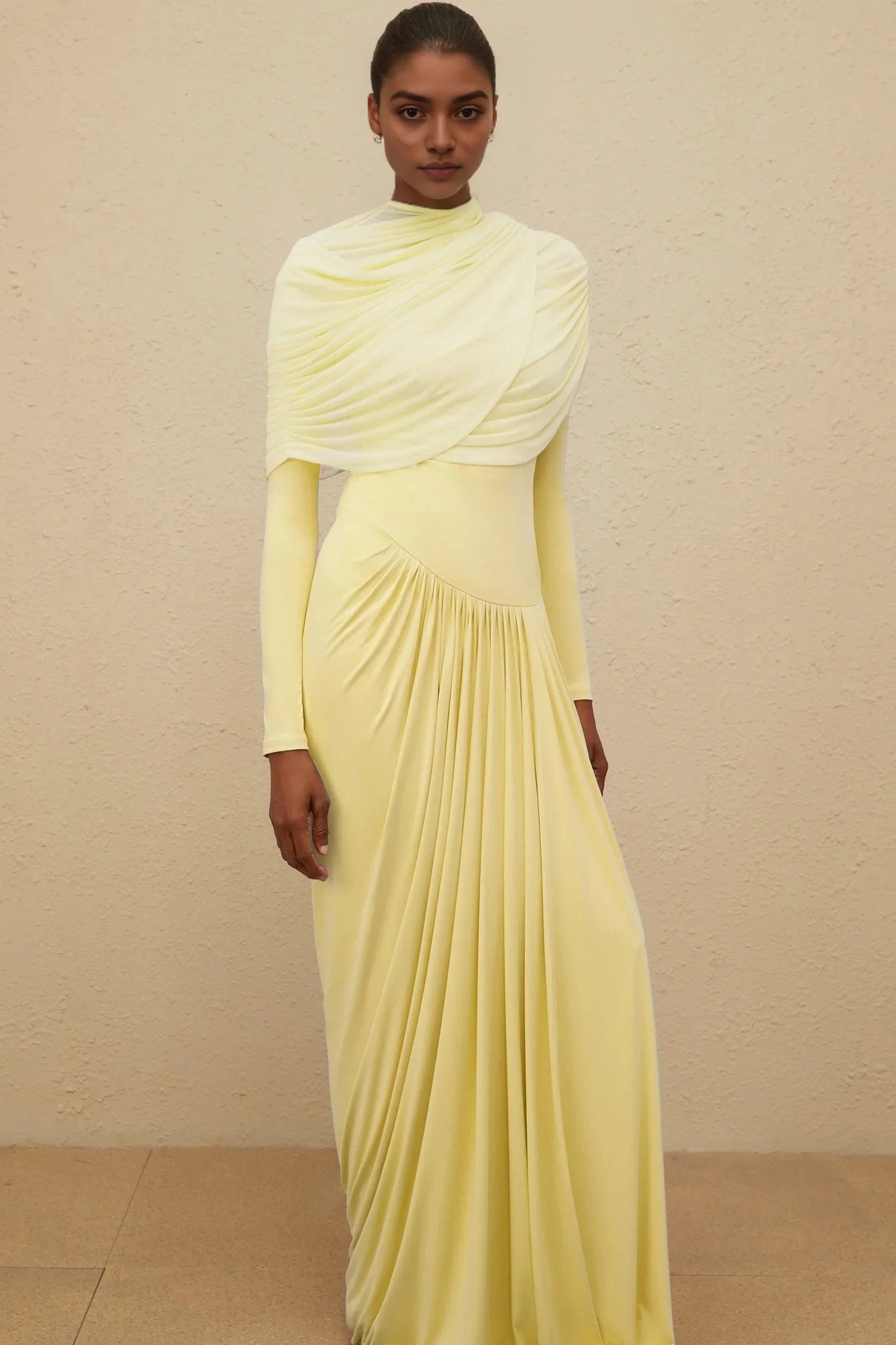Lemon Yellow Draped Long Sleeve Maxi Dress Catherine Yellow Asymmetrical Pleated Long-Sleeve Maxi Dress Evening Dress by YiHuiw