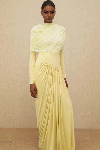 Lemon Yellow Draped Long Sleeve Maxi Dress Catherine Yellow Asymmetrical Pleated Long-Sleeve Maxi Dress Evening Dress by YiHuiw