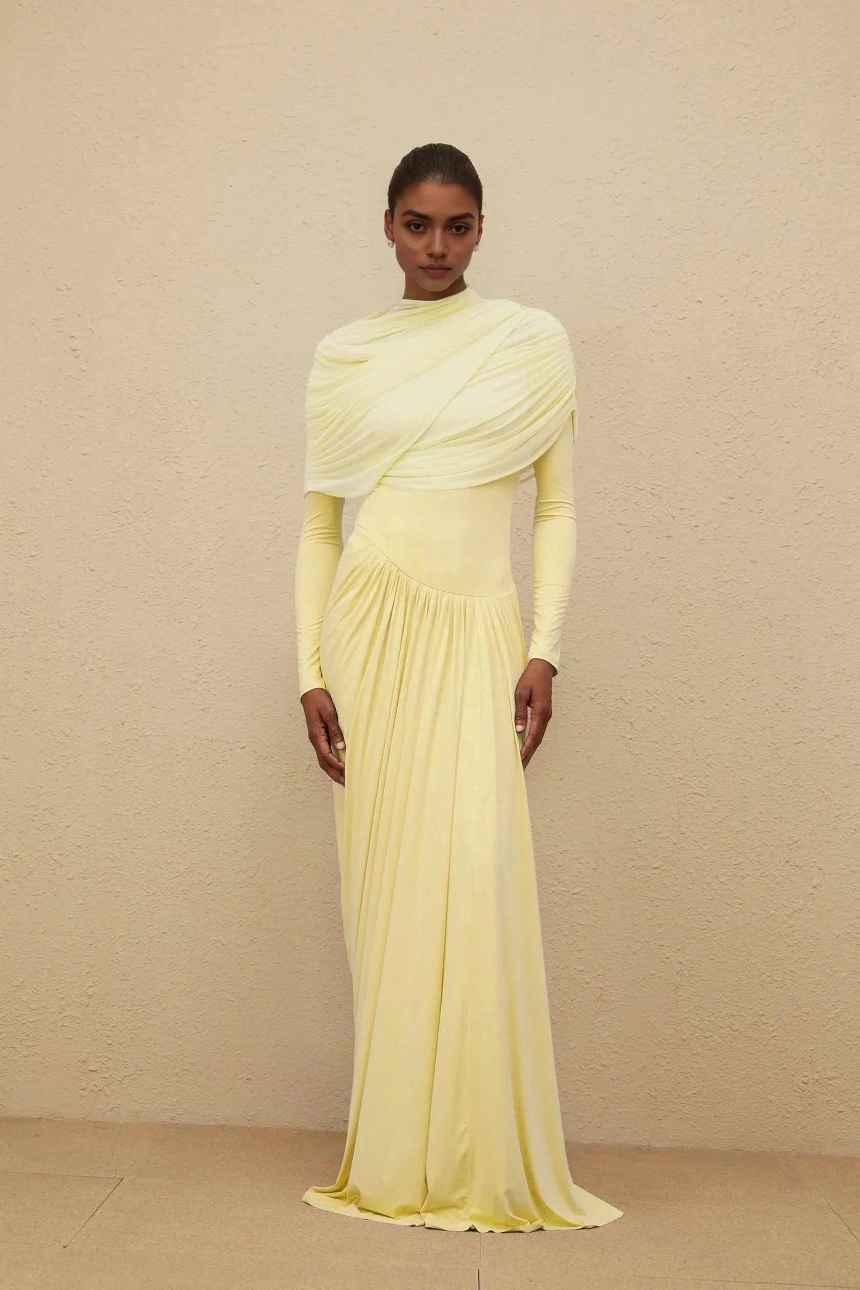 Lemon Yellow Draped Long Sleeve Maxi Dress Catherine Yellow Asymmetrical Pleated Long-Sleeve Maxi Dress Evening Dress by YiHuiw