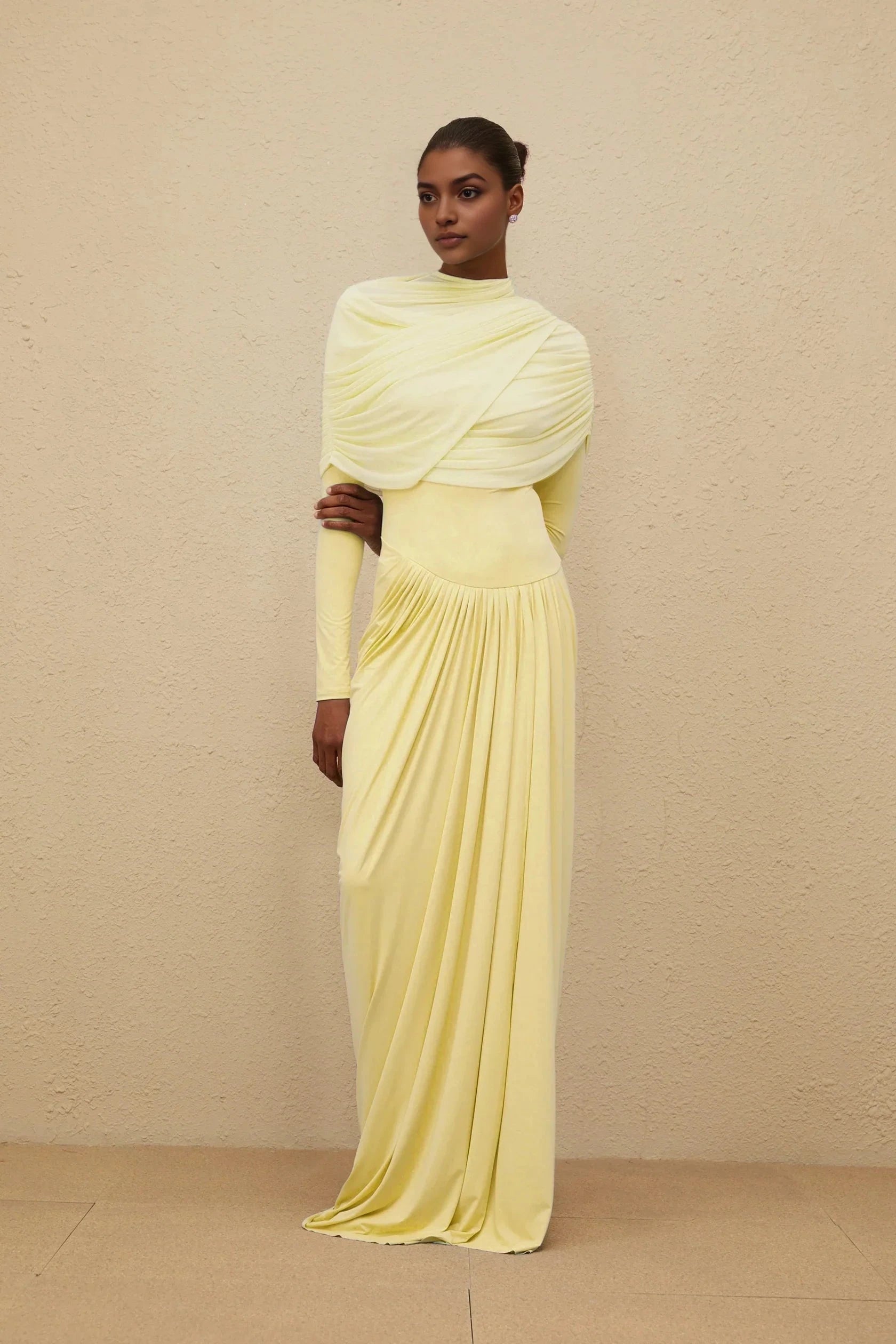 Lemon Yellow Draped Long Sleeve Maxi Dress Catherine Yellow Asymmetrical Pleated Long-Sleeve Maxi Dress Evening Dress by YiHuiw