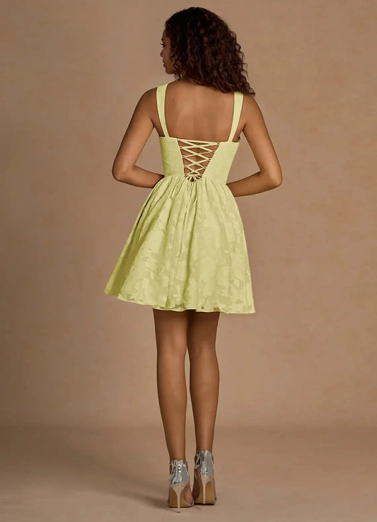 Lemon Yellow Jacquard Mini Dress with Lace - Up Back Ivy Lemon Sorbet Mini Dress Homecoming Dresses by YiHuiw