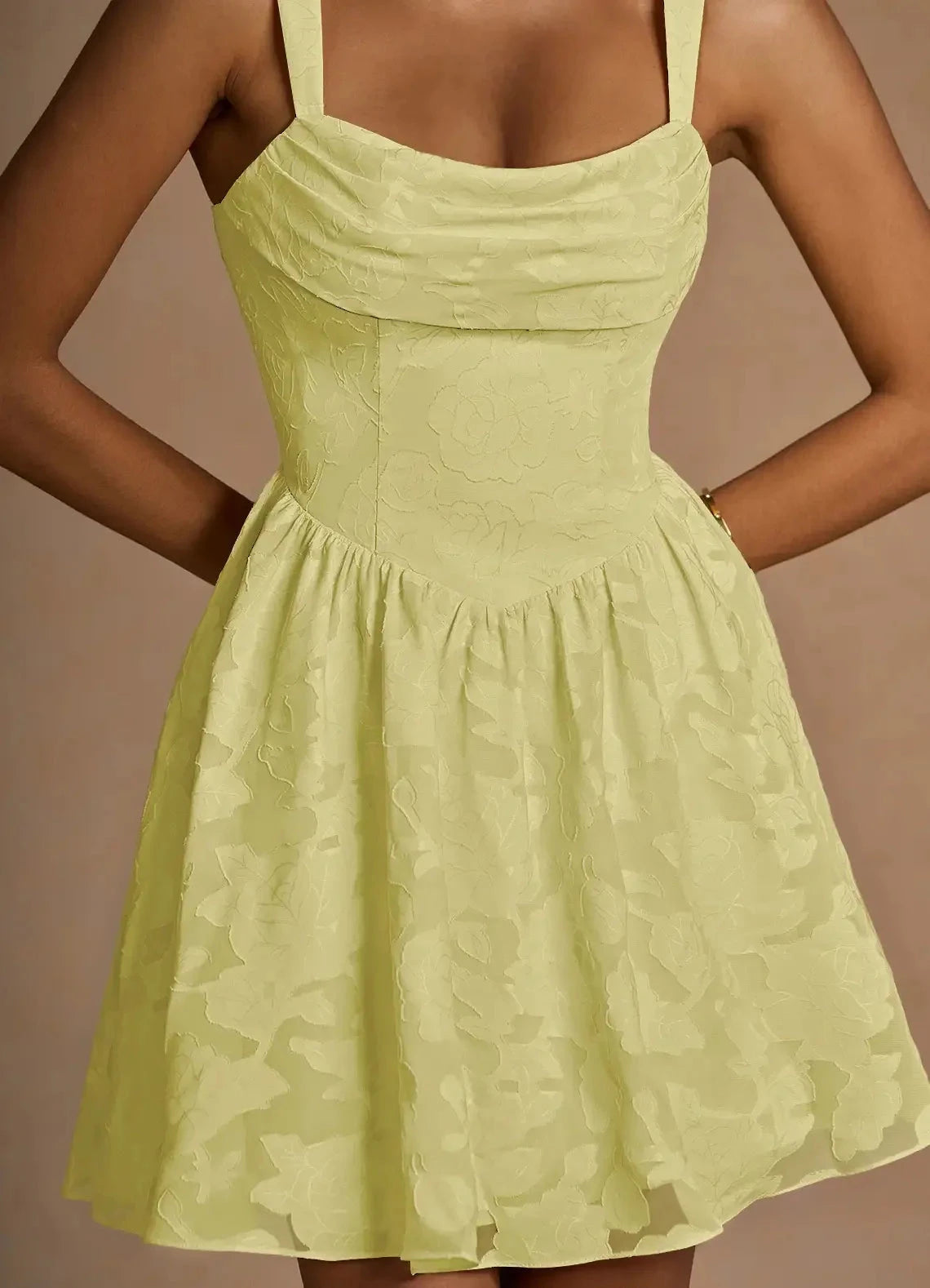 Lemon Yellow Jacquard Mini Dress with Lace - Up Back Ivy Lemon Sorbet Mini Dress Homecoming Dresses by YiHuiw