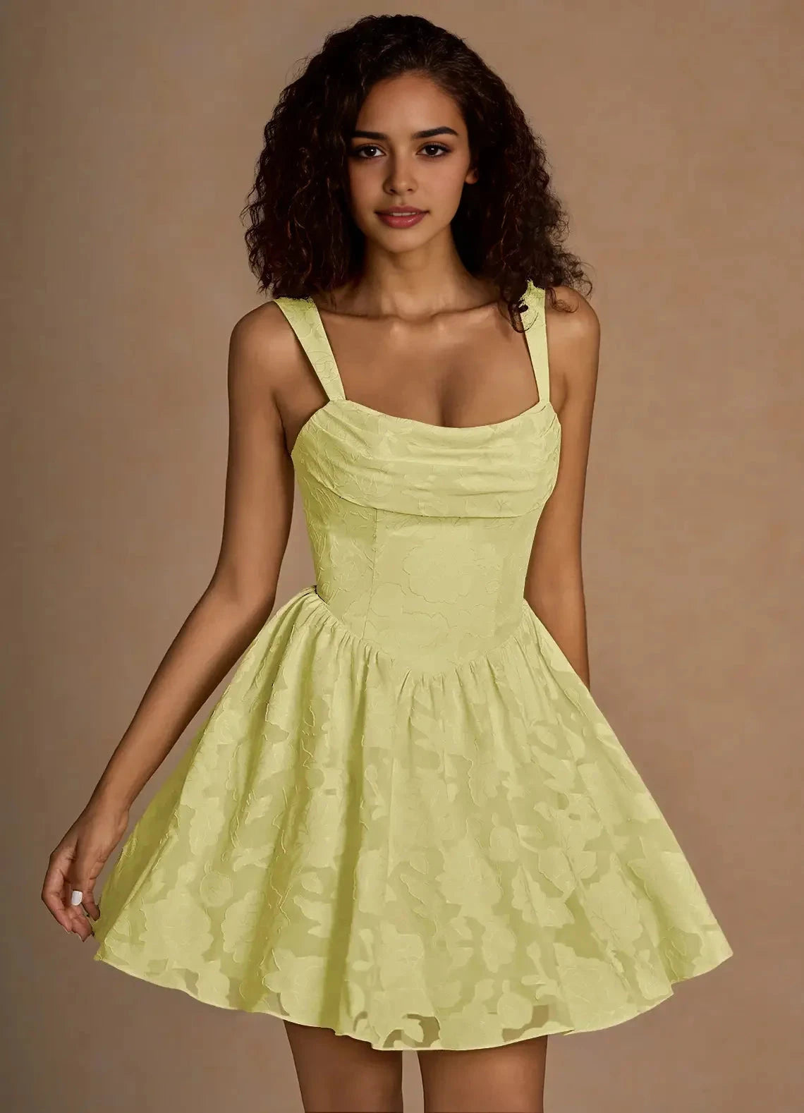 Lemon Yellow Jacquard Mini Dress with Lace - Up Back Ivy Lemon Sorbet Mini Dress Homecoming Dresses by YiHuiw