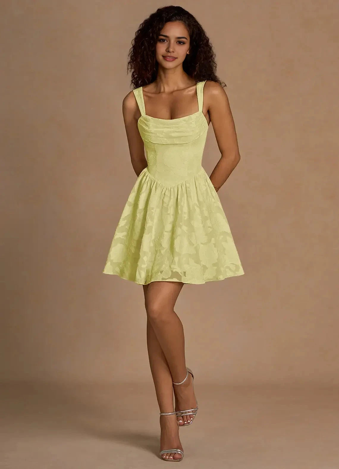 Lemon Yellow Jacquard Mini Dress with Lace - Up Back Ivy Lemon Sorbet Mini Dress Homecoming Dresses by YiHuiw