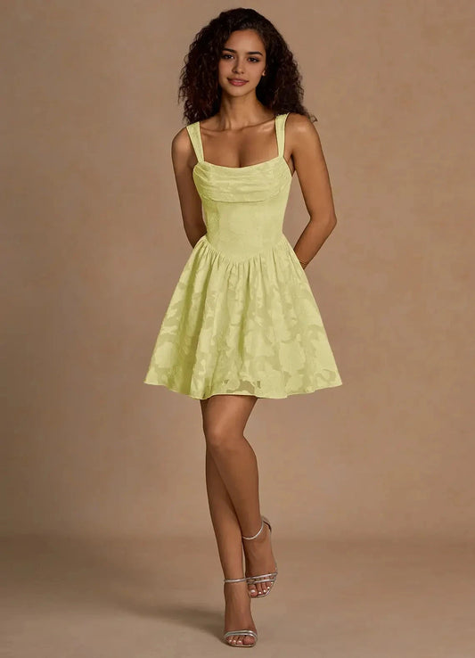 Lemon Yellow Jacquard Mini Dress with Lace - Up Back Ivy Lemon Sorbet Mini Dress Homecoming Dresses by YiHuiw