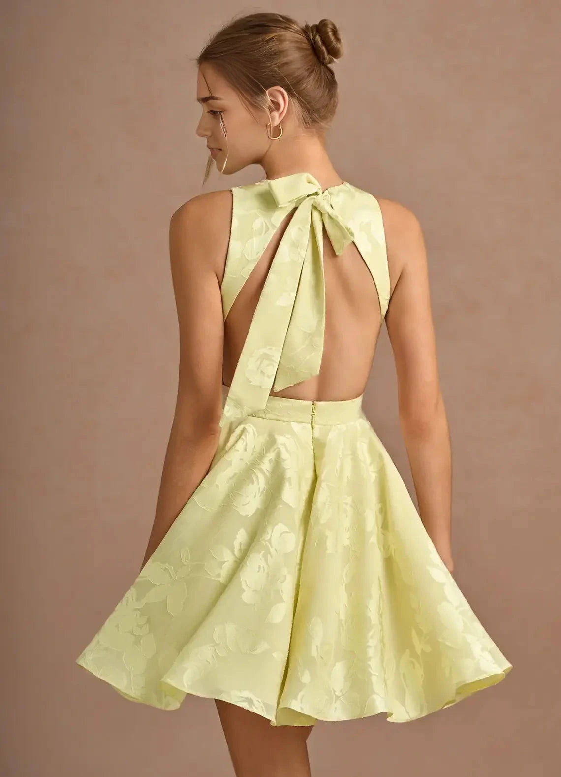 Lemon Yellow Jacquard Mini Dress with Open Back and Bow Detail Leontine Butter Yellow Mini Dress Homecoming Dresses by YiHuiw