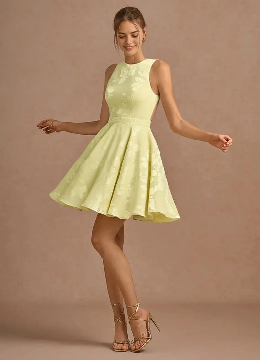 Lemon Yellow Jacquard Mini Dress with Open Back and Bow Detail Leontine Butter Yellow Mini Dress Homecoming Dresses by YiHuiw
