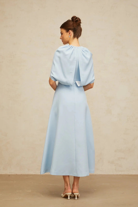 Light Blue Cape - Sleeve Embellished Midi Dress blue shawl-panel embellished midi dress Evening Dress by YiHuiw