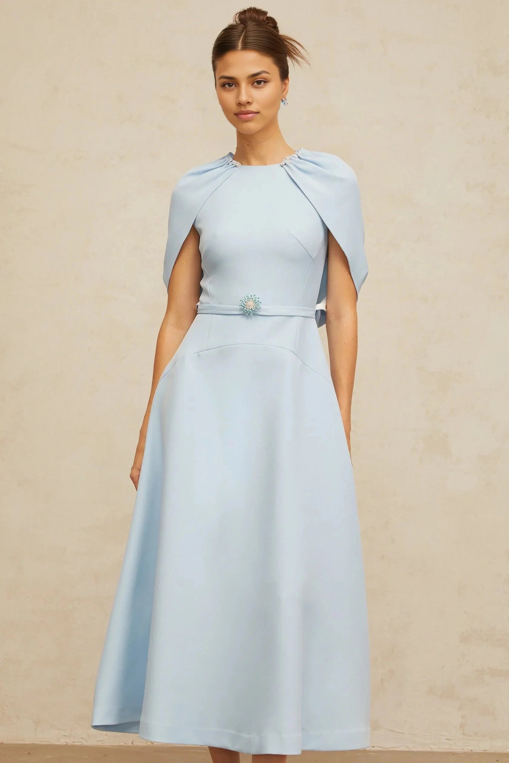 Light Blue Cape - Sleeve Embellished Midi Dress blue shawl-panel embellished midi dress Evening Dress by YiHuiw