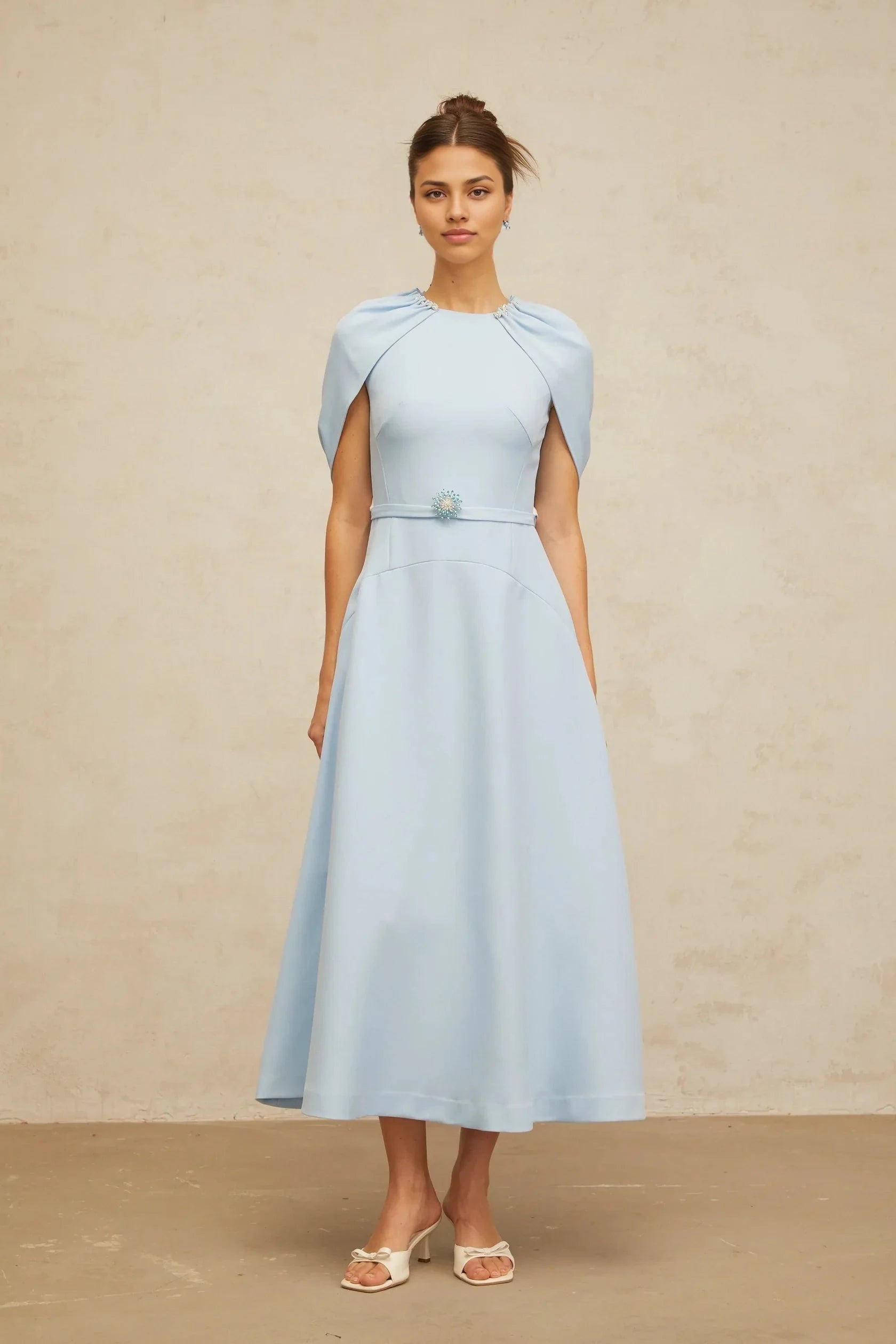 Light Blue Cape - Sleeve Embellished Midi Dress blue shawl-panel embellished midi dress Evening Dress by YiHuiw