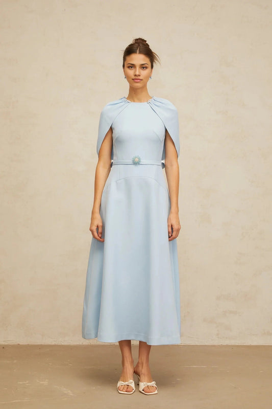 Light Blue Cape - Sleeve Embellished Midi Dress blue shawl-panel embellished midi dress Evening Dress by YiHuiw