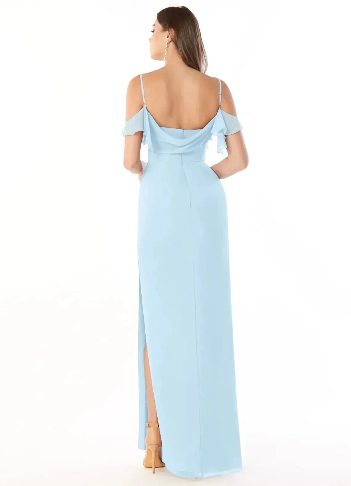 Light Blue Cold-Shoulder Chiffon Evening Gown with Side Slit Sky Blue Sheath Off the Bridesmaid Dresses by YiHuiw
