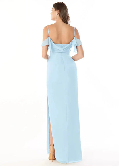 Light Blue Cold-Shoulder Chiffon Evening Gown with Side Slit Sky Blue Sheath Off the Bridesmaid Dresses by YiHuiw