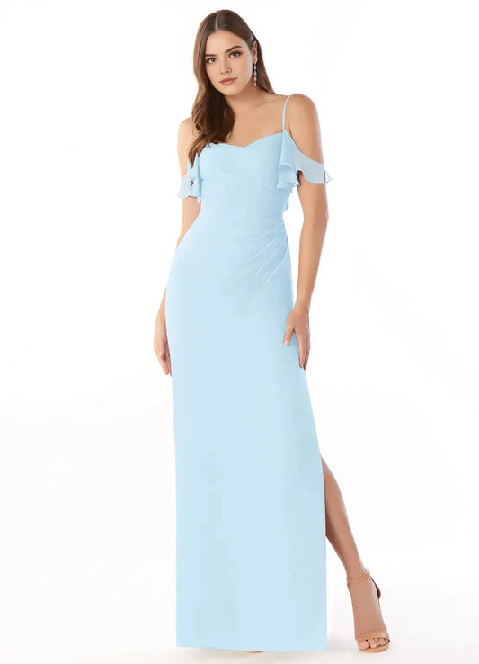 Light Blue Cold-Shoulder Chiffon Evening Gown with Side Slit Sky Blue Sheath Off the Bridesmaid Dresses by YiHuiw