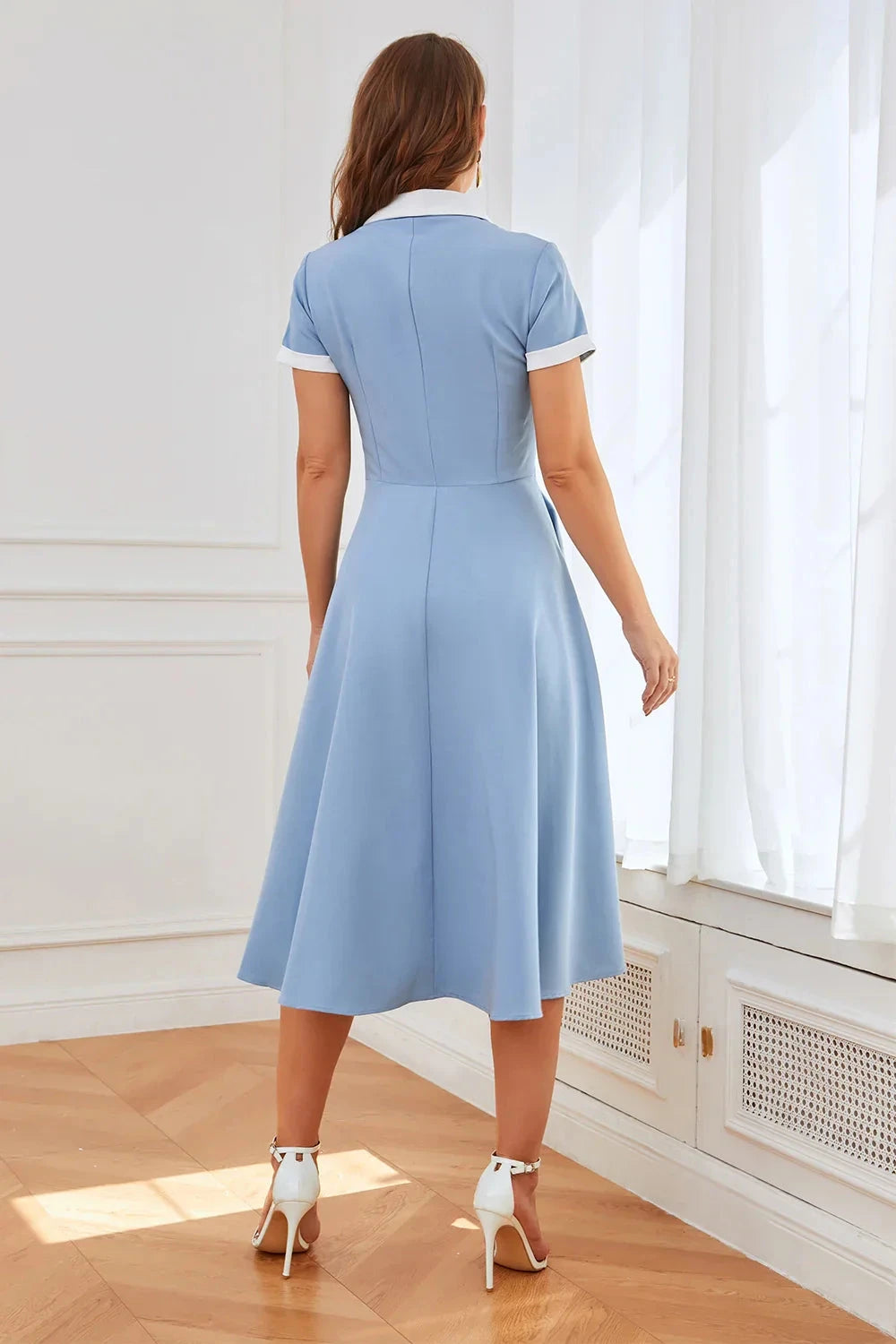 Light Blue Contrast Collar Midi Dress Blue 1950s Swing Dress with Pockets Evening Dress by YiHuiw
