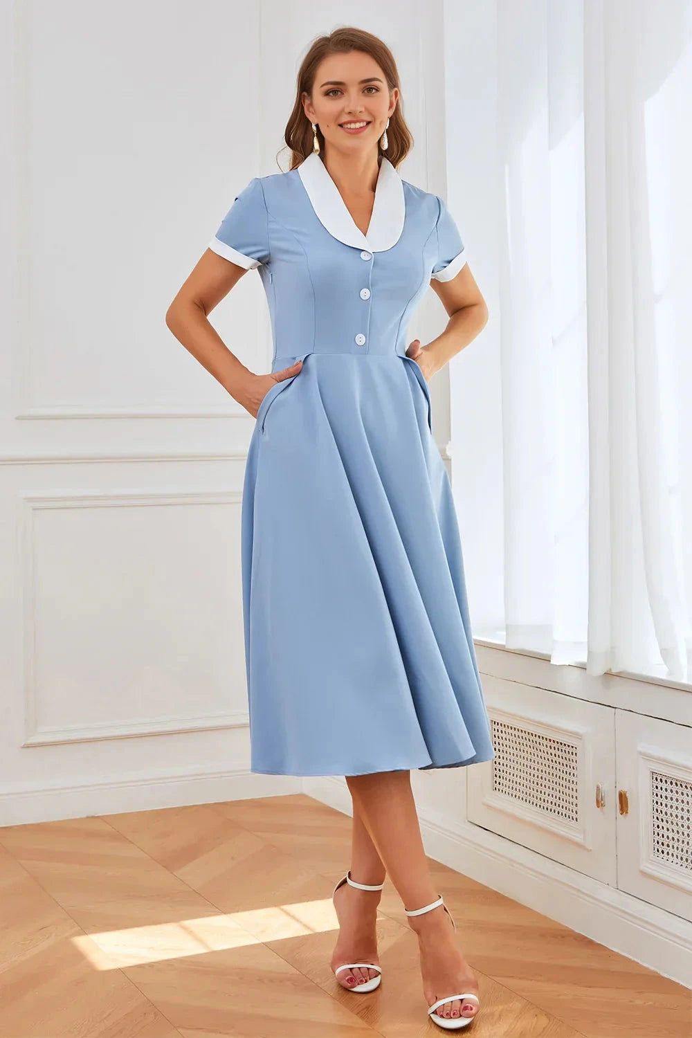 Light Blue Contrast Collar Midi Dress Blue 1950s Swing Dress with Pockets Evening Dress by YiHuiw