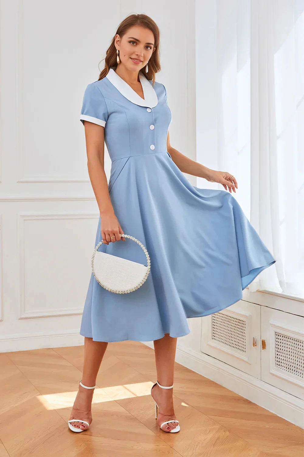 Light Blue Contrast Collar Midi Dress Blue 1950s Swing Dress with Pockets Evening Dress by YiHuiw