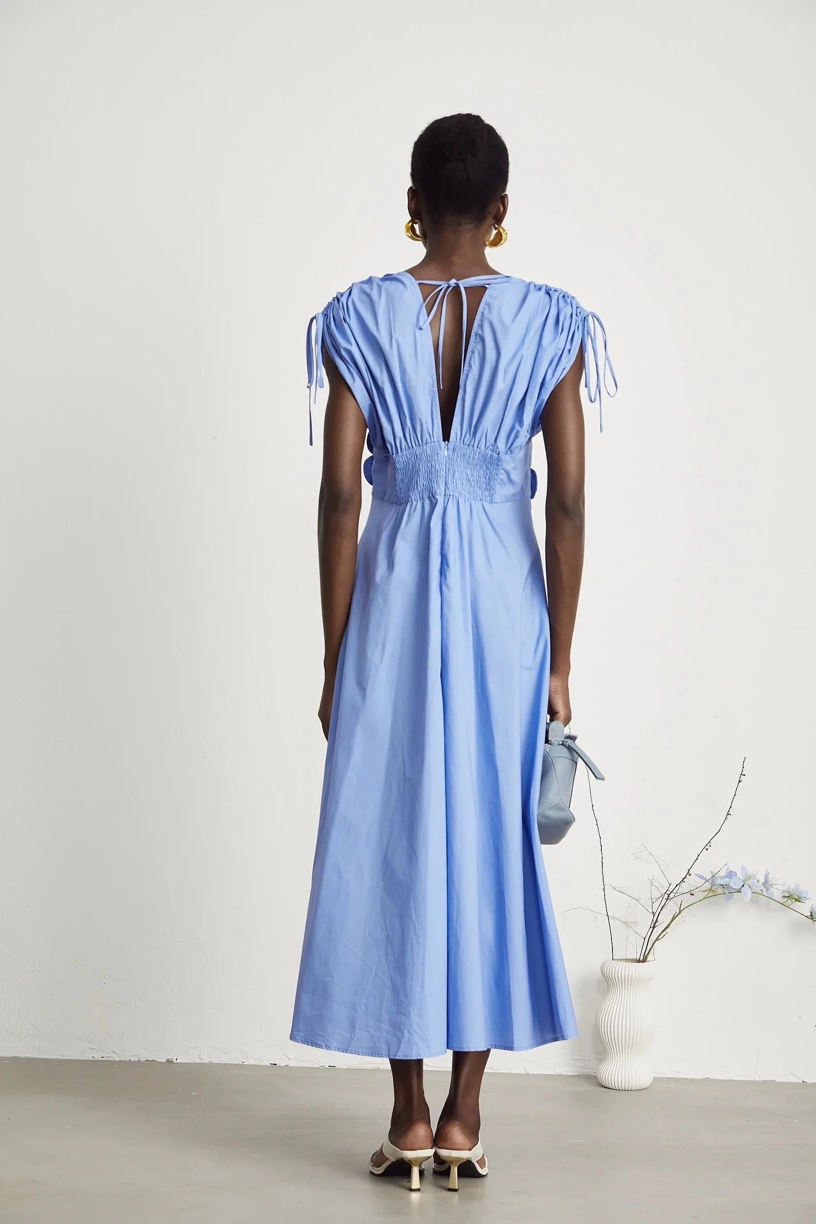 Light Blue Floral Appliqué Ruched Dress petal-detail drawstring maxi dress in Blue Evening Dress by YiHuiw