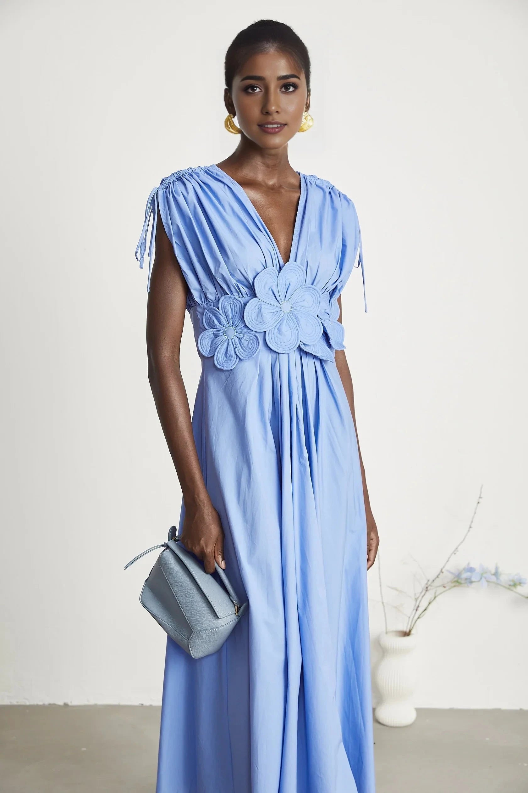 Light Blue Floral Appliqué Ruched Dress petal-detail drawstring maxi dress in Blue Evening Dress by YiHuiw
