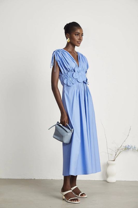 Light Blue Floral Appliqué Ruched Dress petal-detail drawstring maxi dress in Blue Evening Dress by YiHuiw