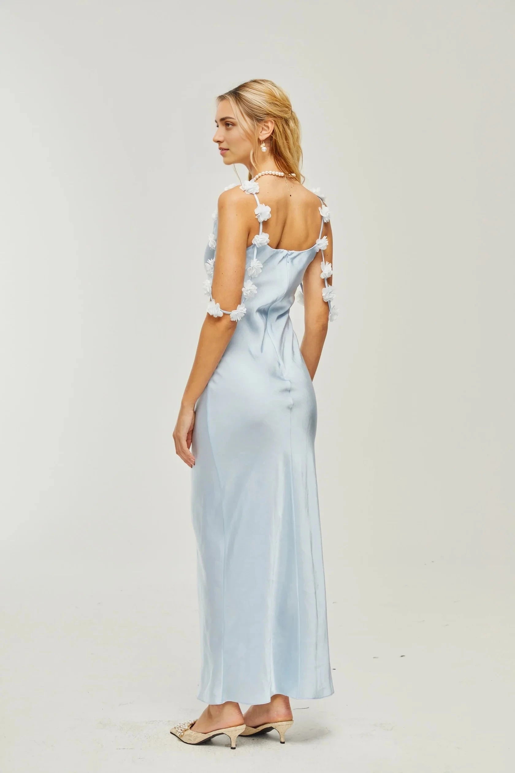Light Blue Floral - Strap Satin Maxi Dress Capri floral-straps satin maxi dress Evening Dress by YiHuiw