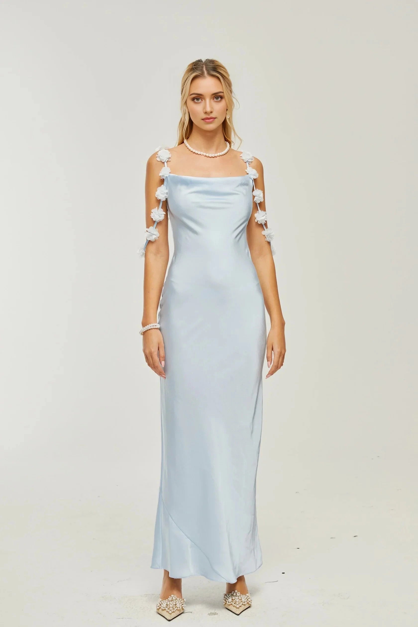 Light Blue Floral - Strap Satin Maxi Dress Capri floral-straps satin maxi dress Evening Dress by YiHuiw