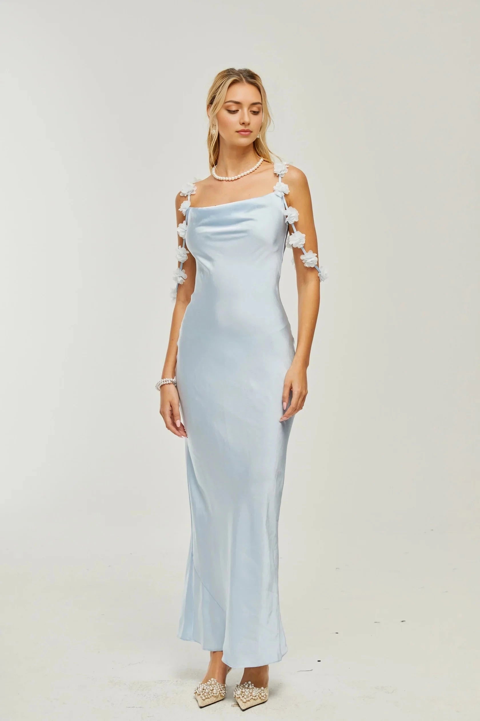Light Blue Floral - Strap Satin Maxi Dress Capri floral-straps satin maxi dress Evening Dress by YiHuiw