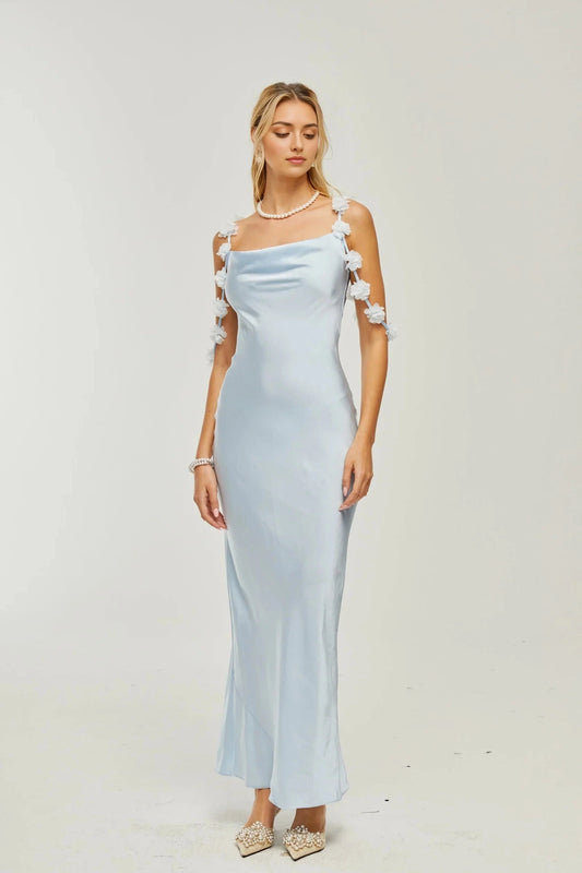 Light Blue Floral - Strap Satin Maxi Dress Capri floral-straps satin maxi dress Evening Dress by YiHuiw