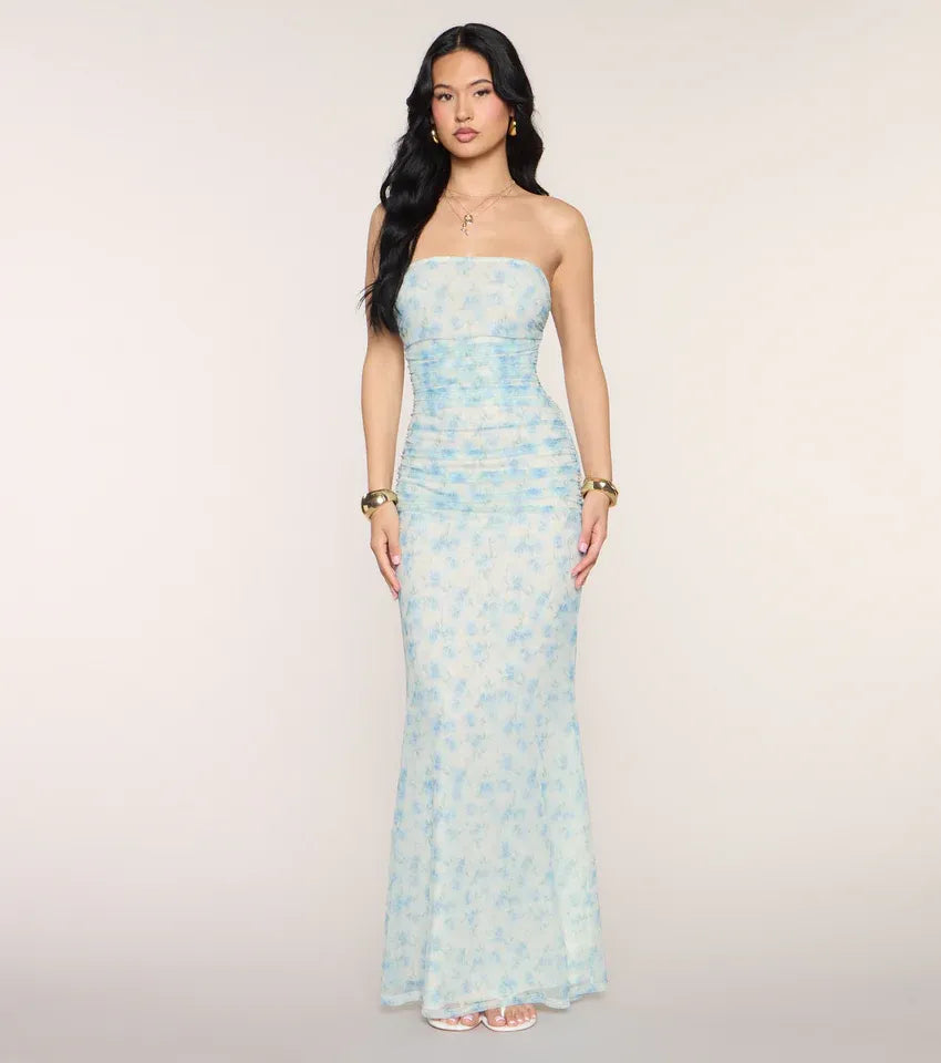 Light Blue Mermaid Strapless Mesh Ruched Floor-Length Wedding Dress - Yihuiw by Yihuiw