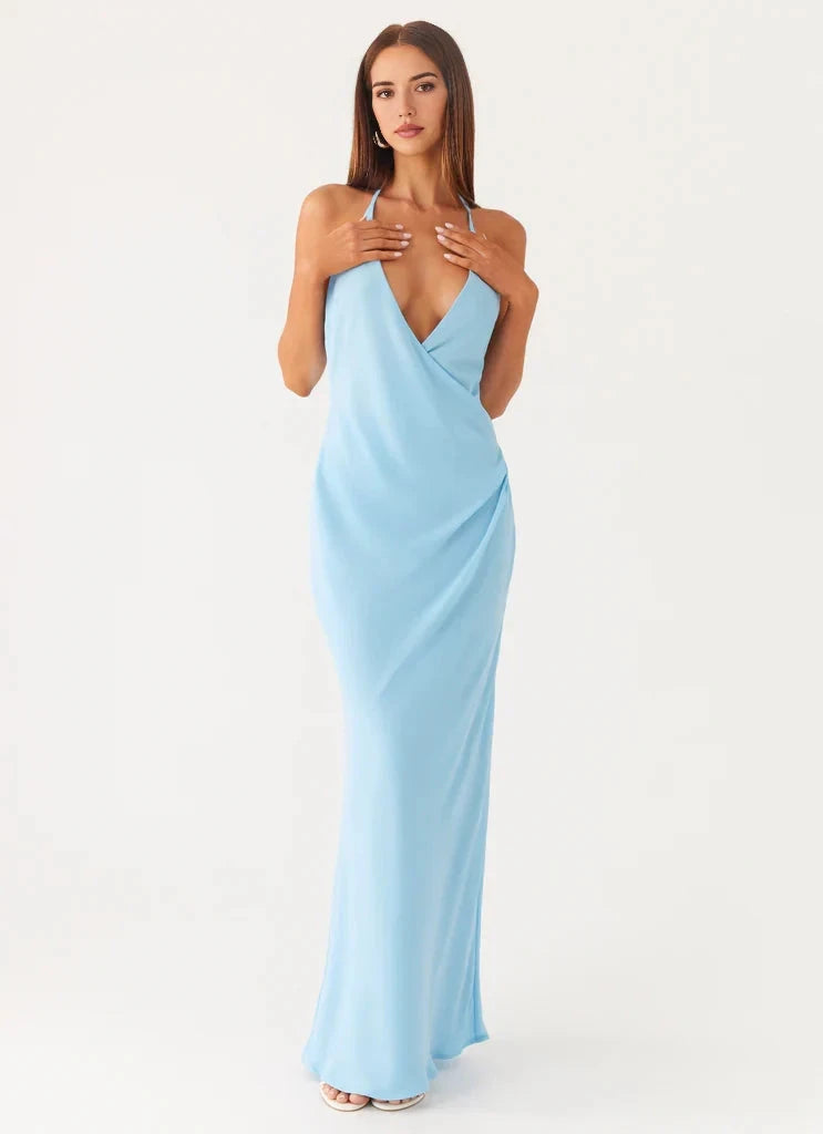 Light Blue Halter Neck Maxi Dress with Open Back Peppermayo Exclusive - Dress - Turquoise by YiHuiw