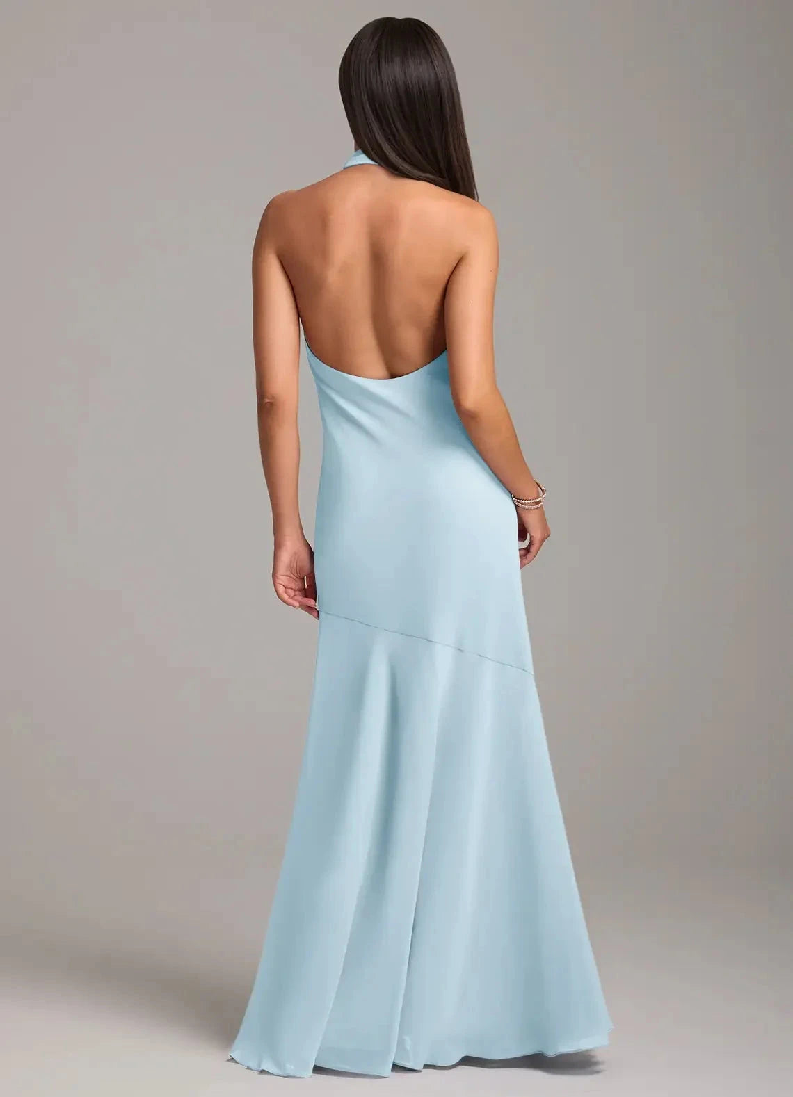 Light Blue Halter Neck Open Back Evening Gown with Side Slit Sky Blue Mermaid Pleated Chiffon Bridesmaid Dresses by YiHuiw