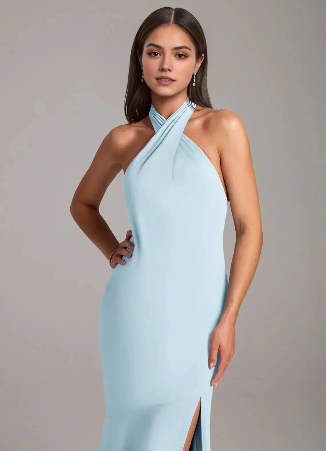Light Blue Halter Neck Open Back Evening Gown with Side Slit Sky Blue Mermaid Pleated Chiffon Bridesmaid Dresses by YiHuiw