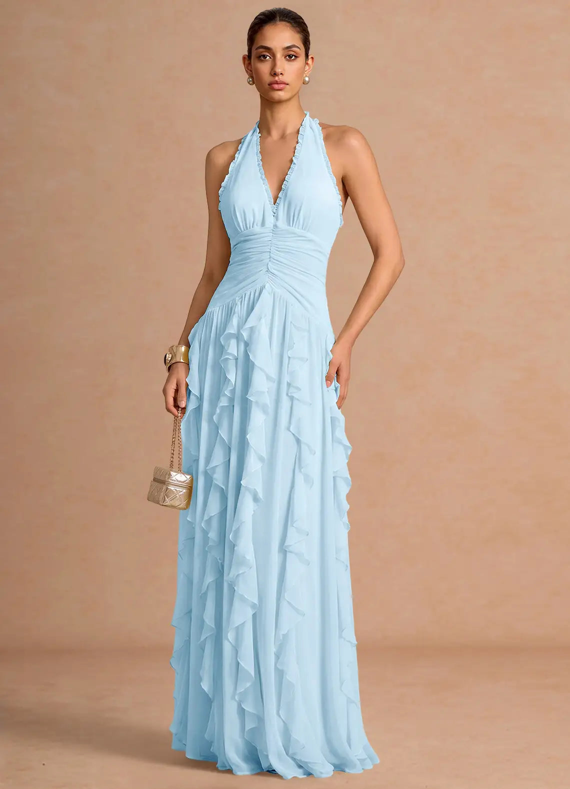 Light Blue Halter Chiffon Open Back Ruffled Floor-Length Wedding Dress - Yihuiw by Yihuiw