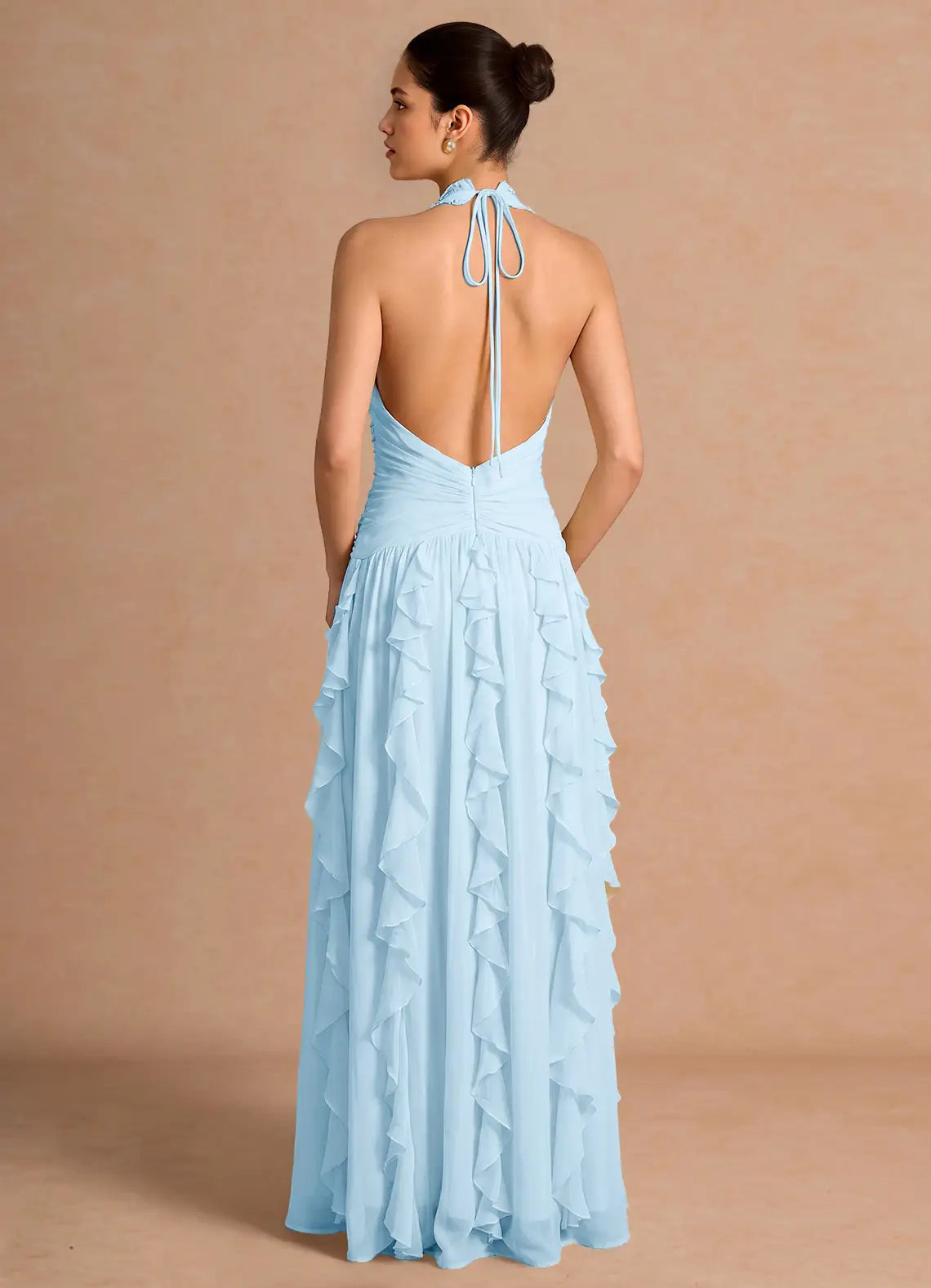 Light Blue Halter Chiffon Open Back Ruffled Floor-Length Wedding Dress - Yihuiw by Yihuiw