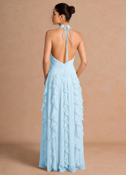Light Blue Halter Chiffon Open Back Ruffled Floor-Length Wedding Dress - Yihuiw by Yihuiw