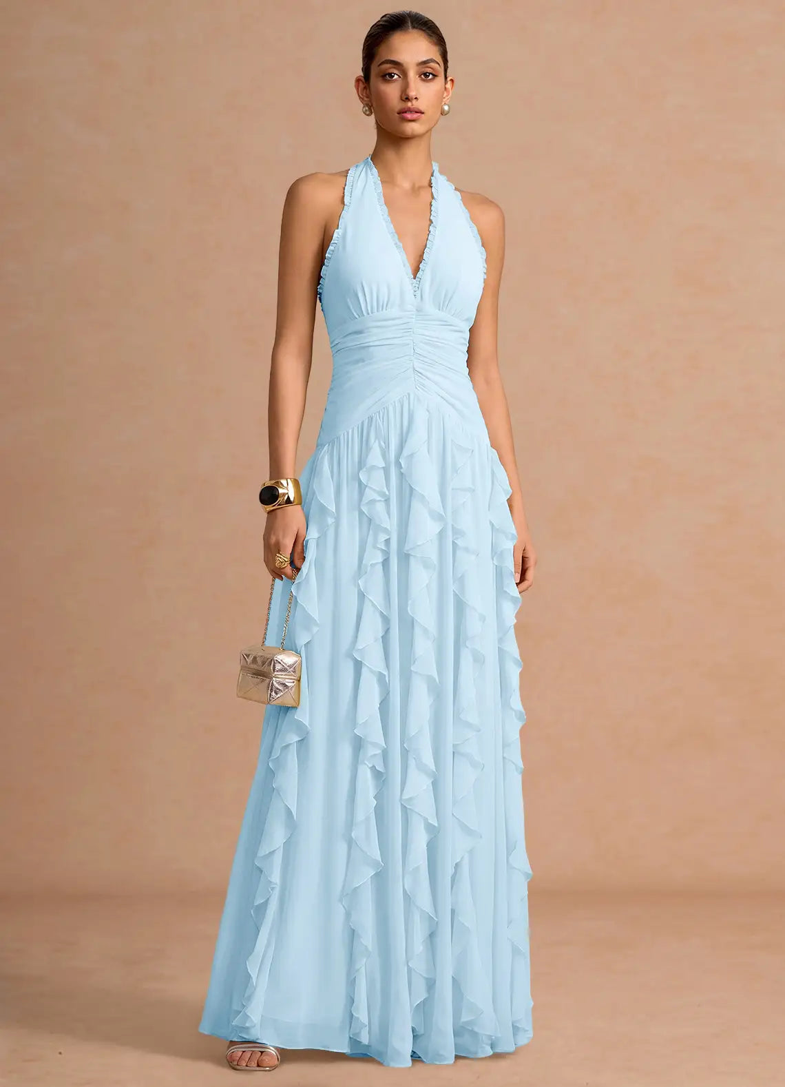 Light Blue Halter Chiffon Open Back Ruffled Floor-Length Wedding Dress - Yihuiw by Yihuiw