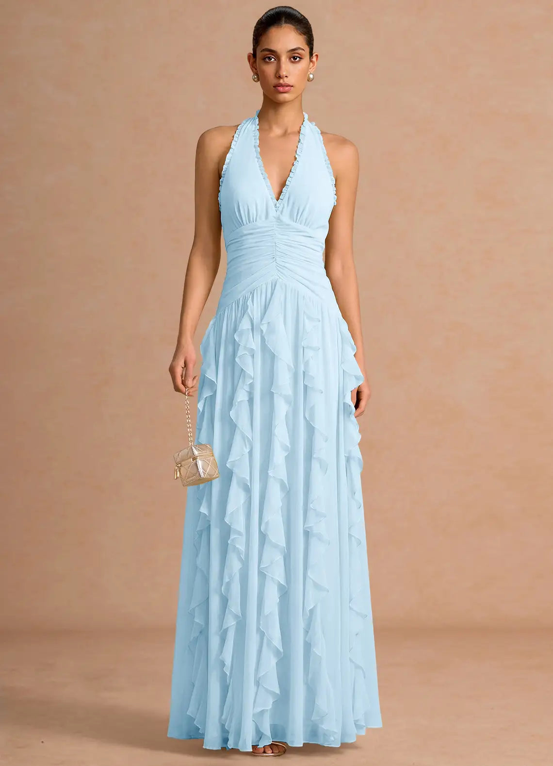 Light Blue Halter Chiffon Open Back Ruffled Floor-Length Wedding Dress - Yihuiw by Yihuiw